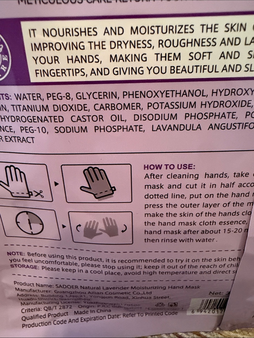 SADOER Natural Lavender Moisturizing Hand Mask Packets Set of 2 New - Picture 5 of 7
